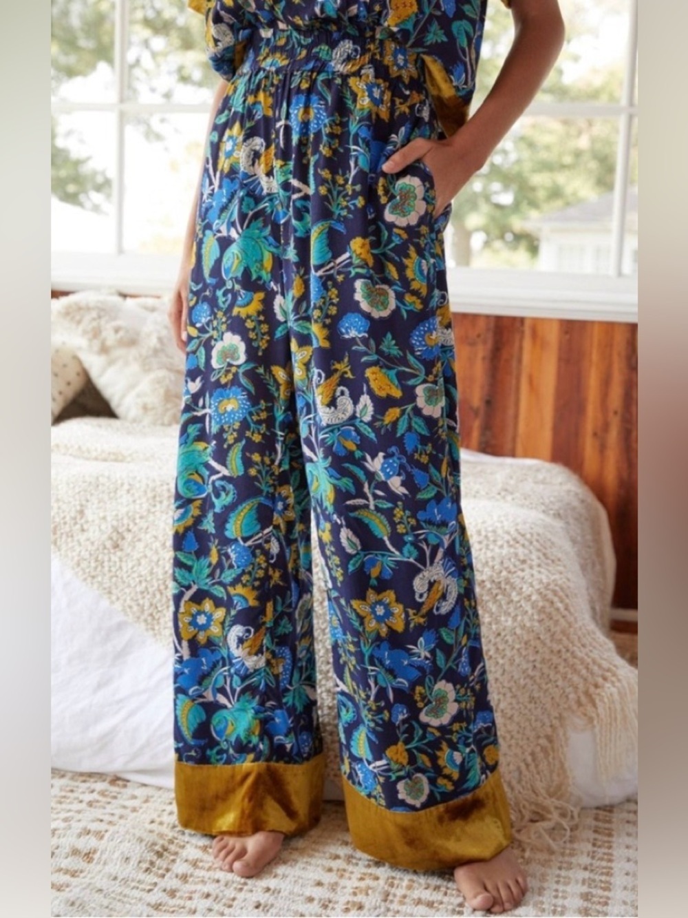 Anthropologie Clara Velvet Trim Pants Blue Floral Womens Small Lounge